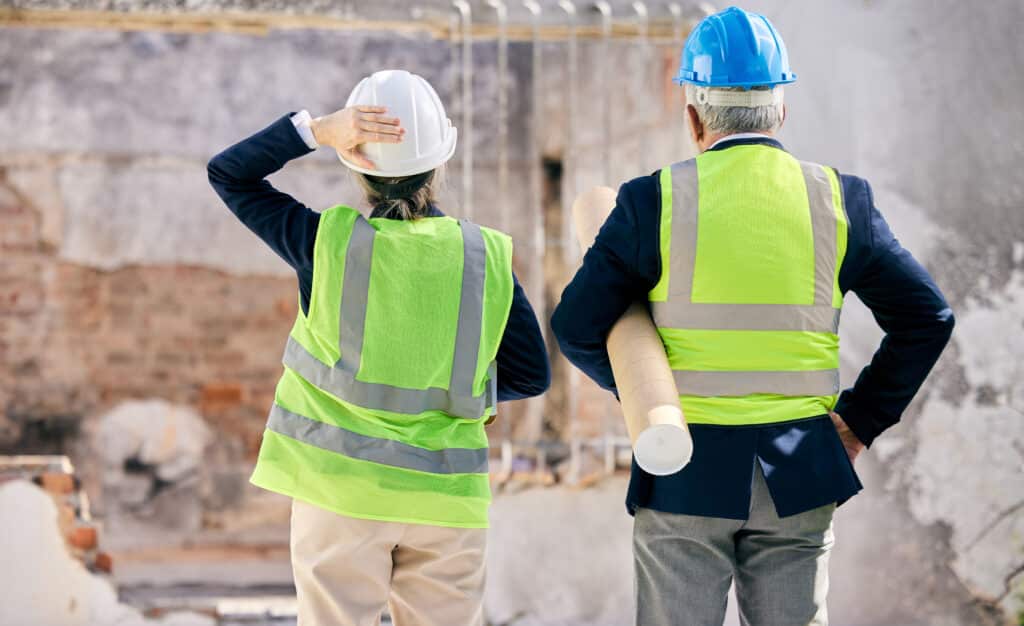 Man and woman standing on job site with hard hats and plans, their backs facing the camera